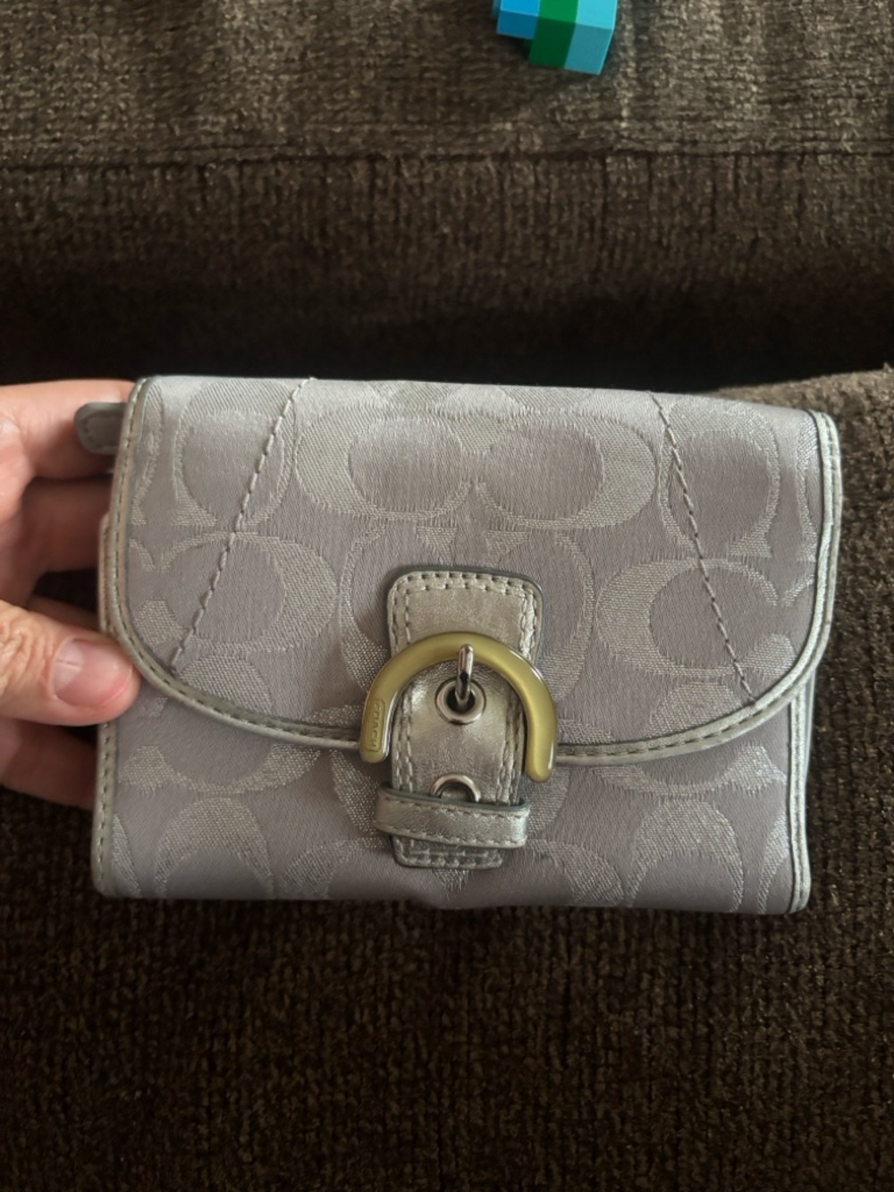 Coach Small Signature Wallet in Light Gray with Gold Buckle